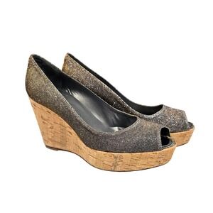 New Stuart Weitzman Bronze Metallic Cork Platform Peep Toe Wedge Heels 7N
